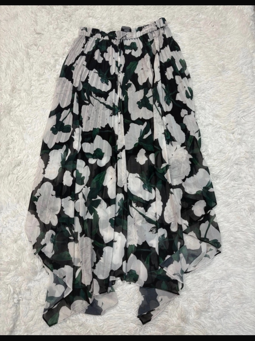 Kooples Floral Pleated Handkerchief Hem Skirt Black & White with Green Accents